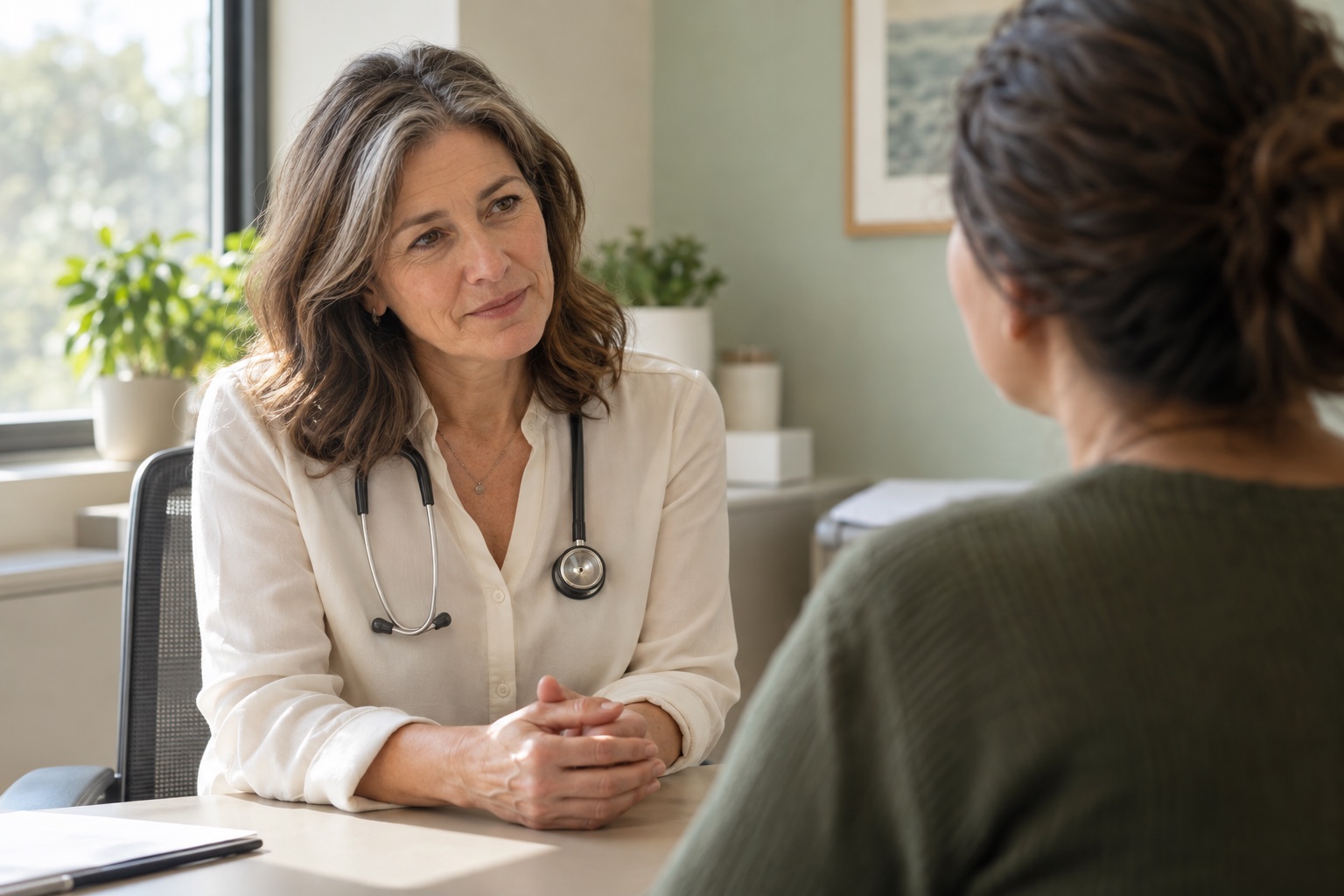 A clinician listening attentively to a patient in a sunlit consultation room